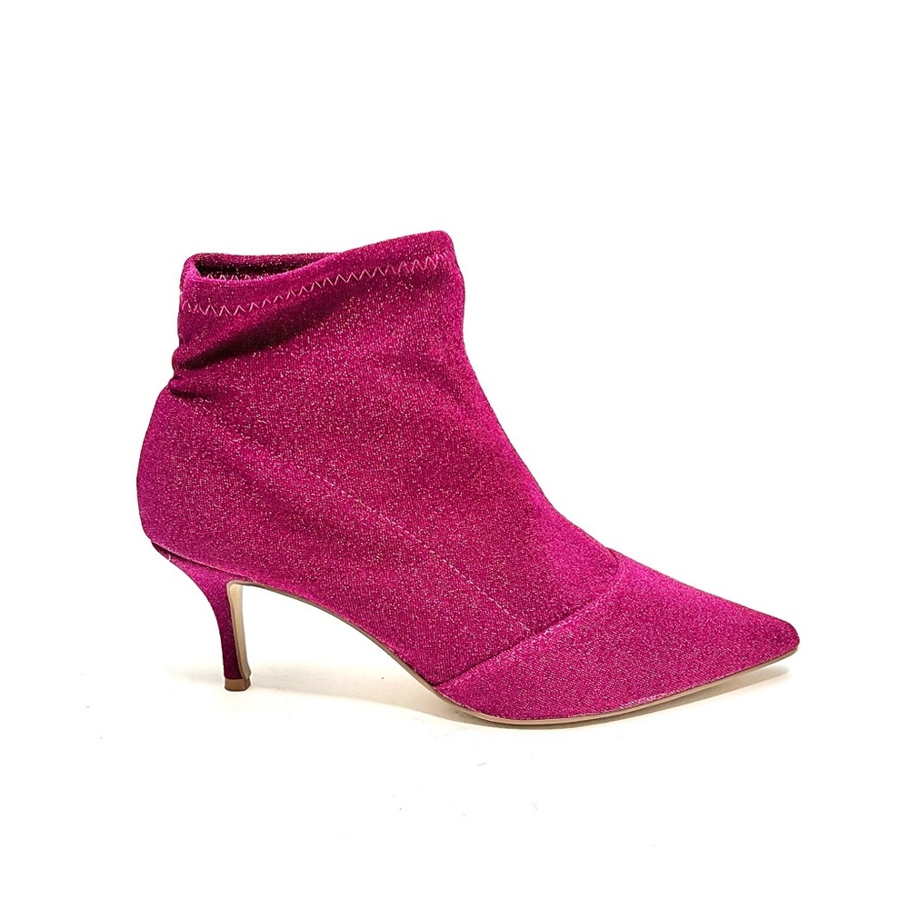Vintage Y2K fuchsia lamé fabric pointed toe stiletto heel stretchy sock booties